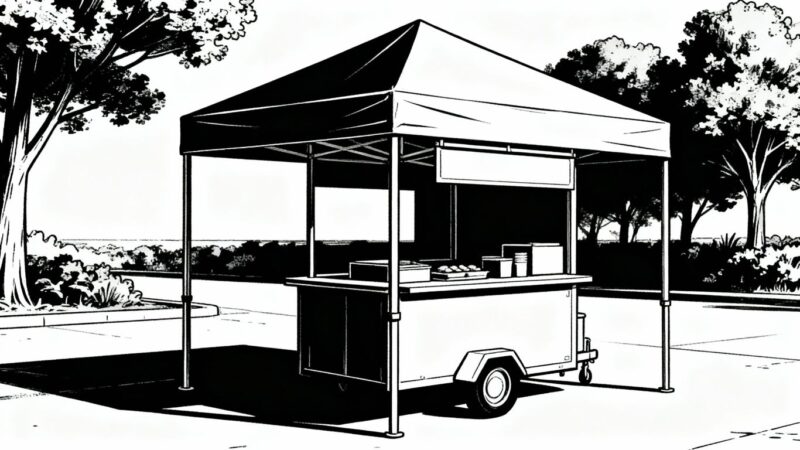 Black and white illustration of a food stall gazebo.