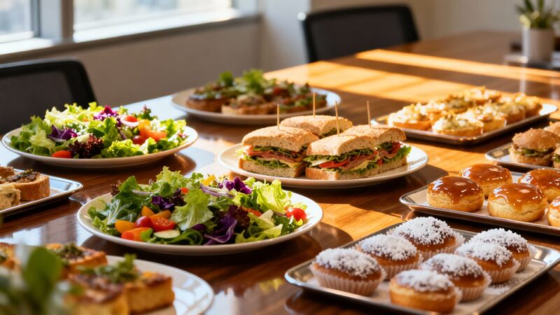 Delicious office catering spread on a wooden table.