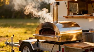 Wood fired pizza oven on a trailer