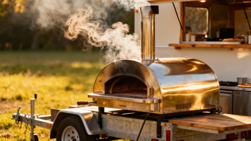 Wood fired pizza oven on a trailer