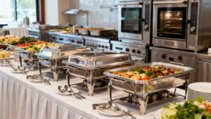Professional catering equipment laid out for an event.