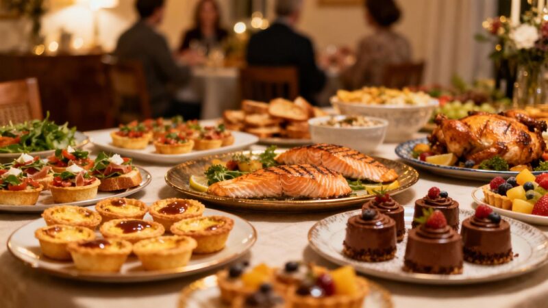 Home party food spread on a dining table.
