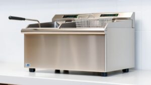 Commercial gas fryer in a UK kitchen.