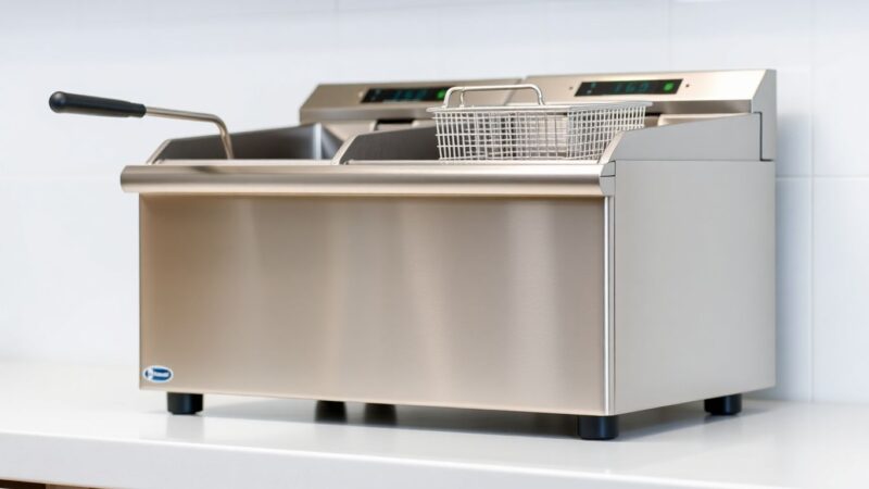 Commercial gas fryer in a UK kitchen.