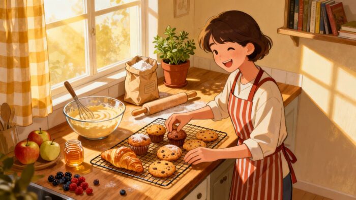 Home kitchen with baked goods and ingredients.