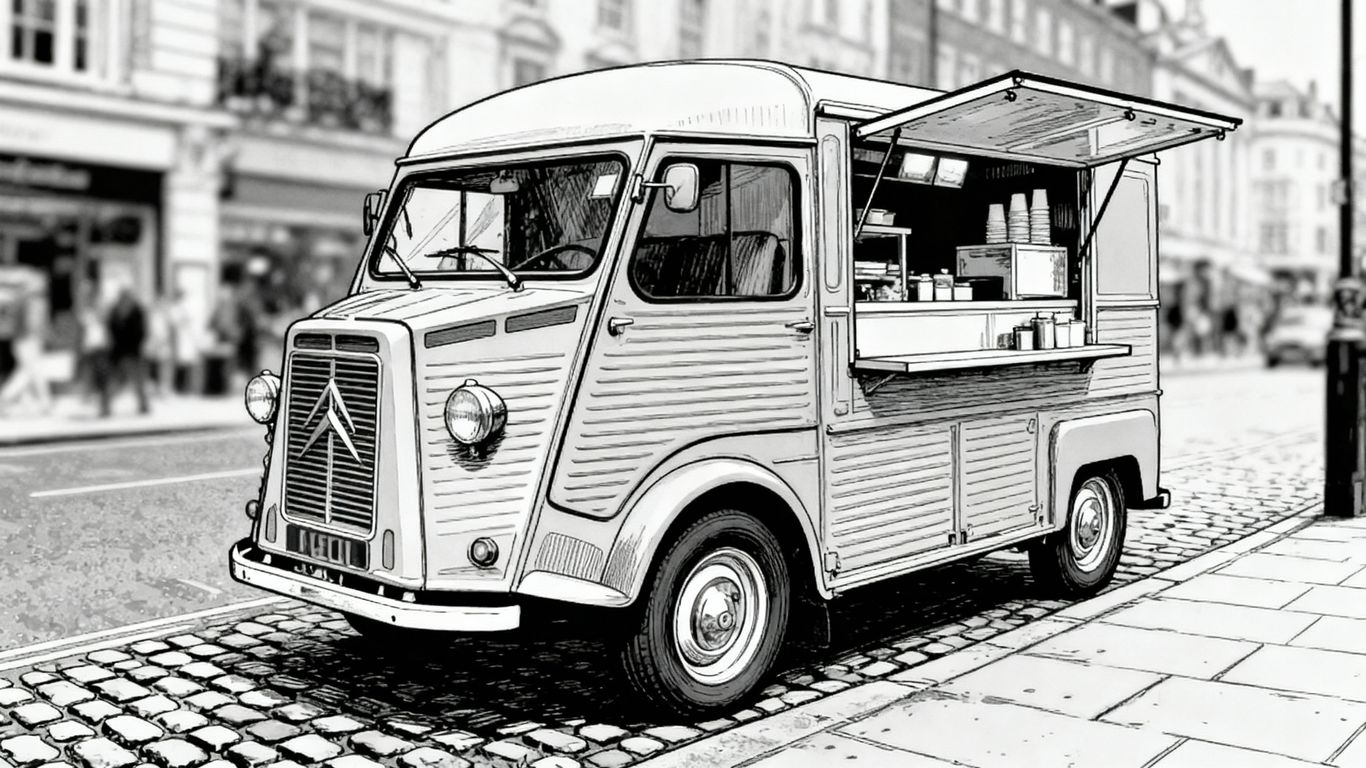 Black and white illustration of a UK food truck.