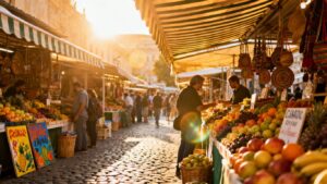 UK street market with stalls and shoppers.