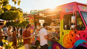 Food van serving guests at an outdoor party.