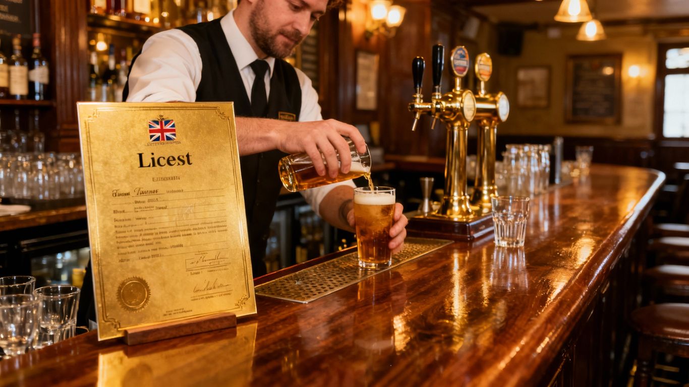 UK pub interior with license and drinks.