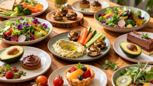 Gourmet vegan food spread at a UK event.