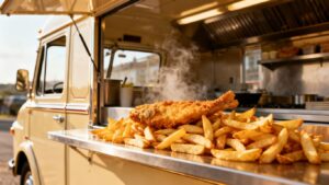 Fish and chip van with steaming hot food