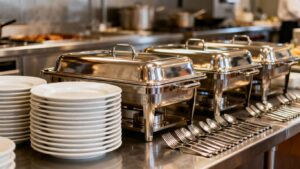 Catering supplies: plates, cutlery, and chafing dishes.