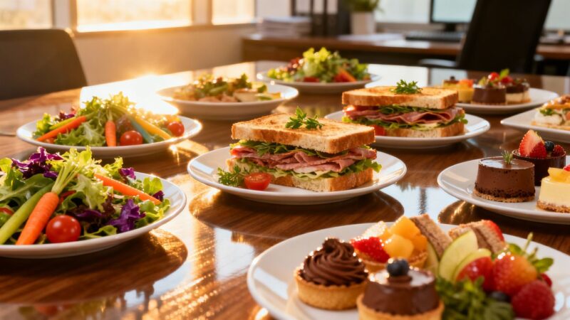 Delicious office catering spread with salads, sandwiches, and desserts.