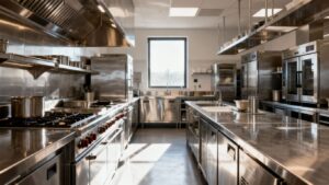 Modern commercial kitchen with stainless steel appliances and prep stations.
