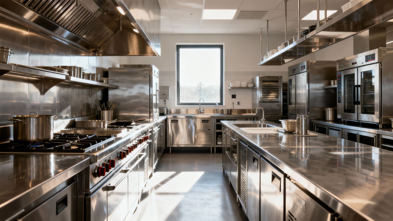 Modern commercial kitchen with stainless steel appliances and prep stations.