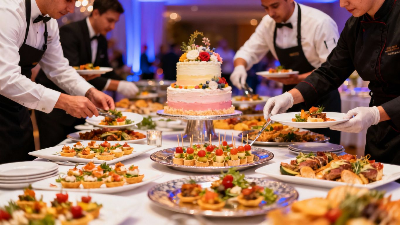 Gourmet food spread and catering team at an event.