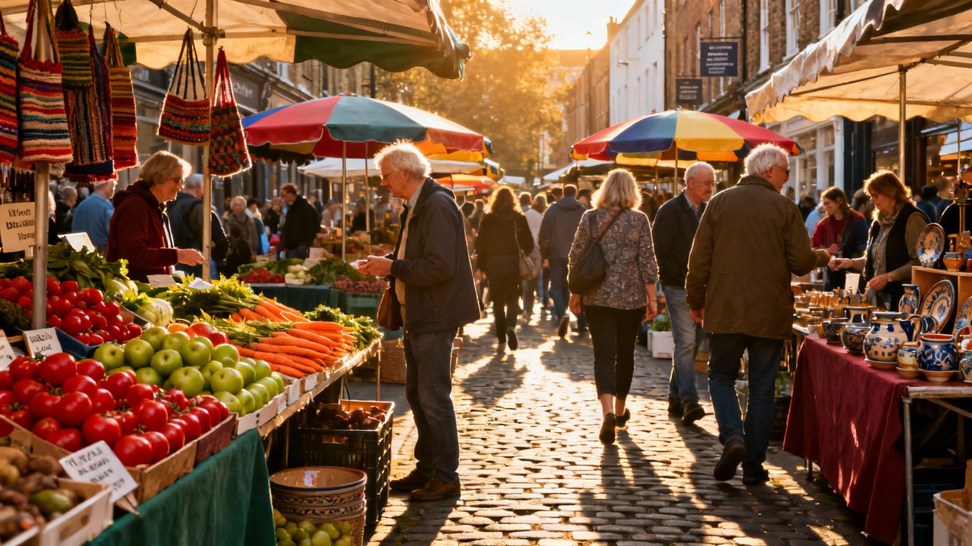 UK street market with stalls and shoppers.