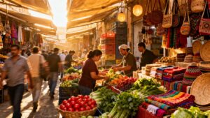 UK street market with vendors and shoppers.