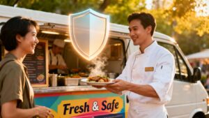 Catering van with chef and customer, protected by a shield icon.