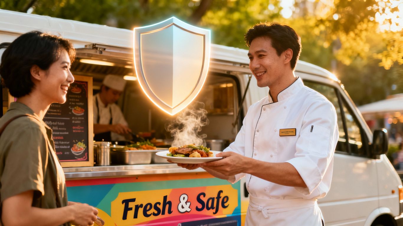 Catering van with chef and customer, protected by a shield icon.