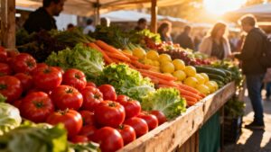 Colourful market stall with fresh produce in the UK.