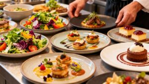 Gourmet food spread with elegant appetizers and desserts.