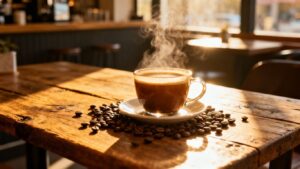 A cup of coffee on a wooden table.