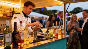 Mobile bar at a UK event with cocktails being made.