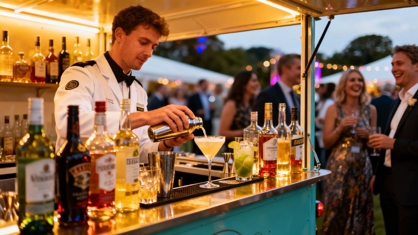 Mobile bar at a UK event with cocktails being made.