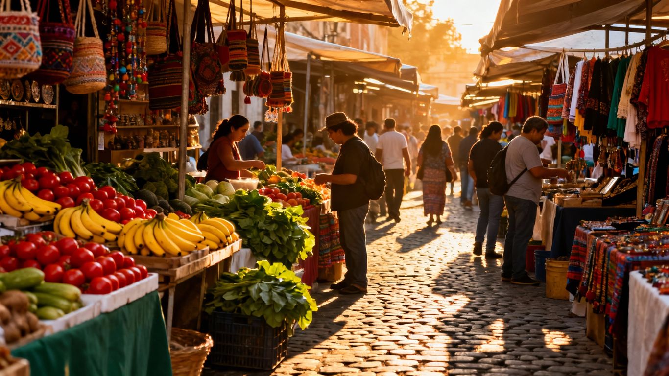 Street market with stalls and shoppers in the UK.
