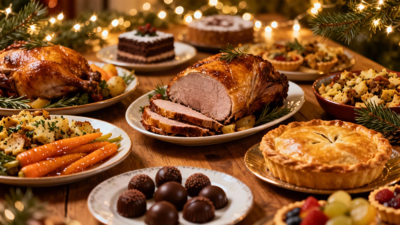 Christmas catering spread with festive food.