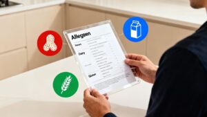Consumer holding allergen sheet with food icons.