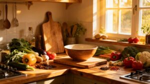 Home kitchen with fresh ingredients for food business.