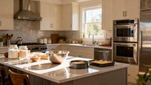 Modern kitchen with baking supplies and sunlight.