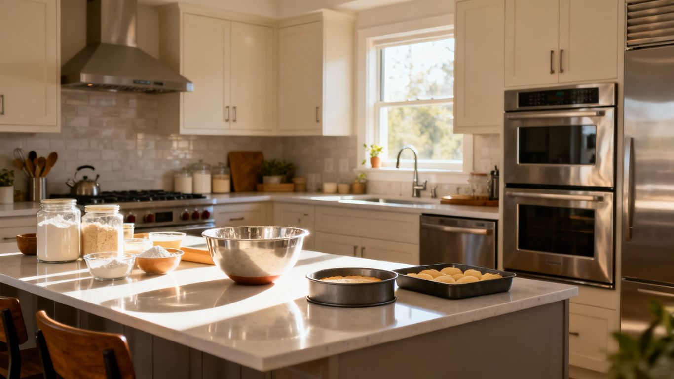 Modern kitchen with baking supplies and sunlight.