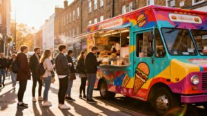 Food truck serving street food on a UK street.