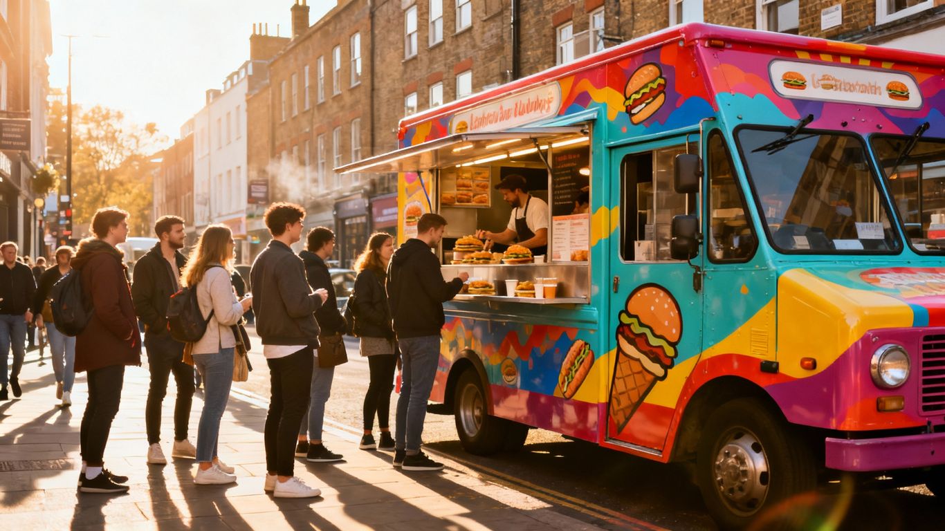 Food truck serving street food on a UK street.