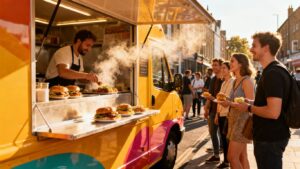 Food van serving customers on a UK street.