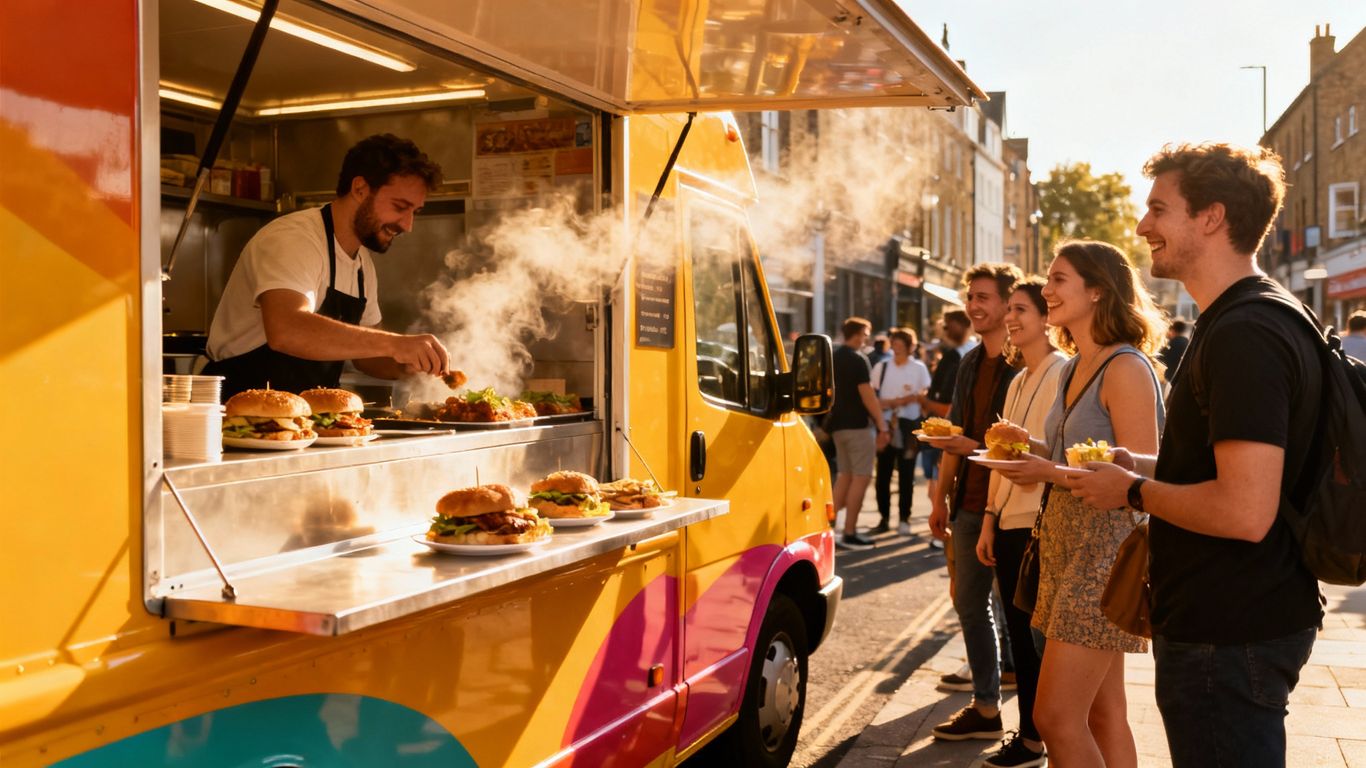 Food van serving customers on a UK street.