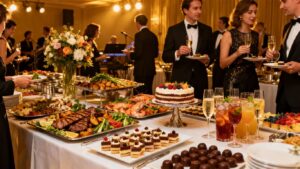 Buffet table with gourmet food and drinks at an event.
