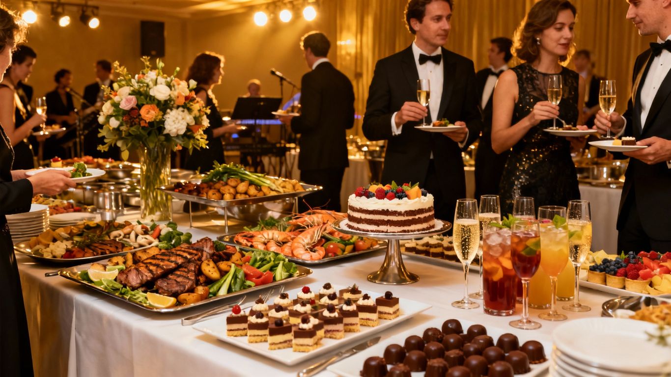 Buffet table with gourmet food and drinks at an event.
