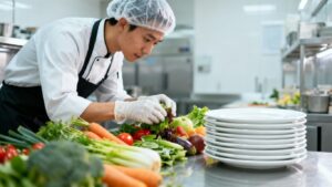 Chef inspecting fresh produce in a clean kitchen.
