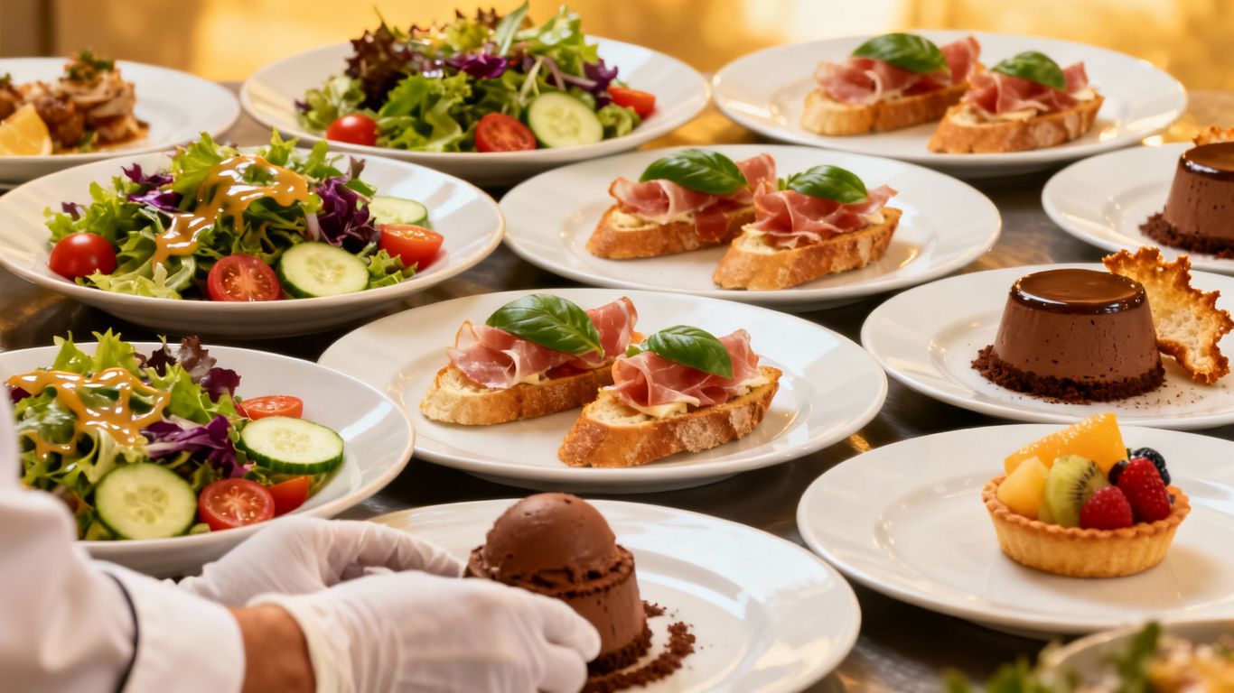 Gourmet food spread with elegant appetizers and desserts.