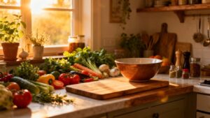 Home kitchen with fresh ingredients for food business.