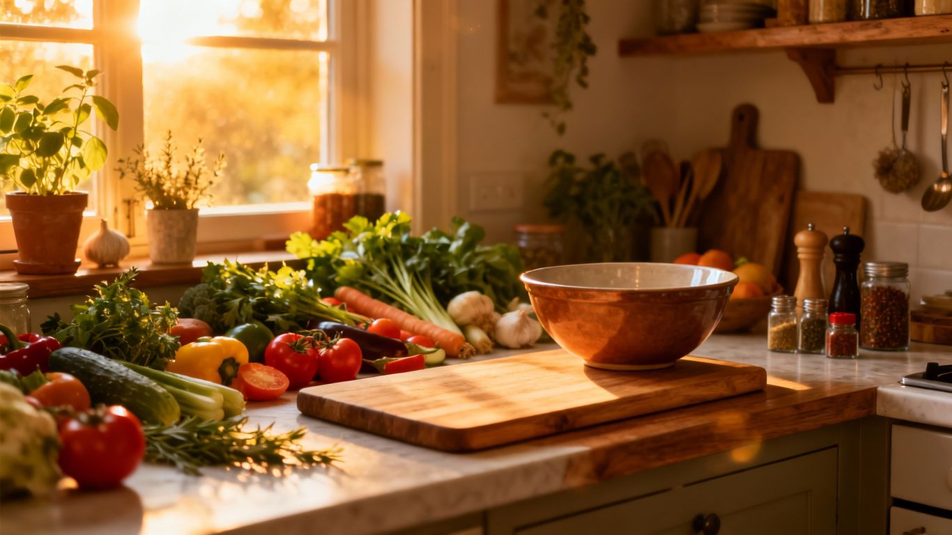 Home kitchen with fresh ingredients for food business.