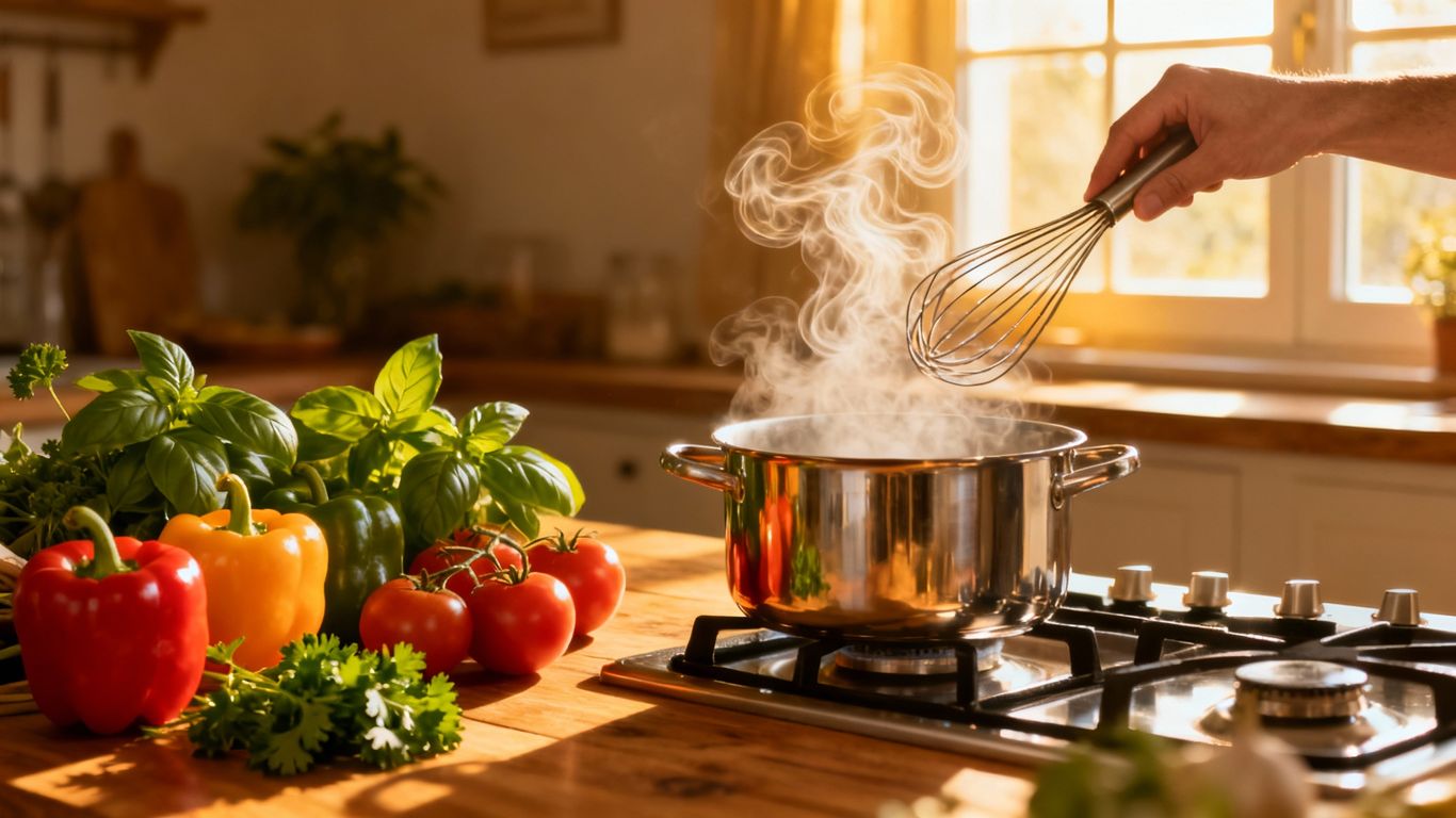 Home cooking business launch with fresh ingredients and steaming pot.