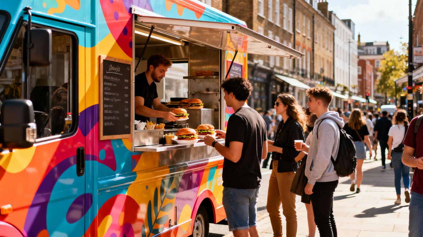 Food truck serving street food on a UK street.