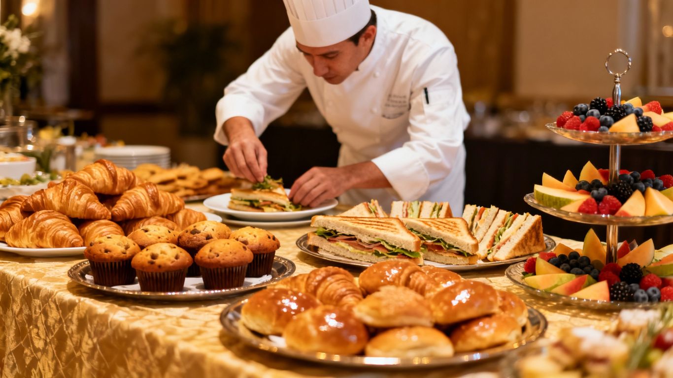 Catering food spread with chef in background