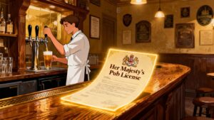 UK pub interior with alcohol licence document.