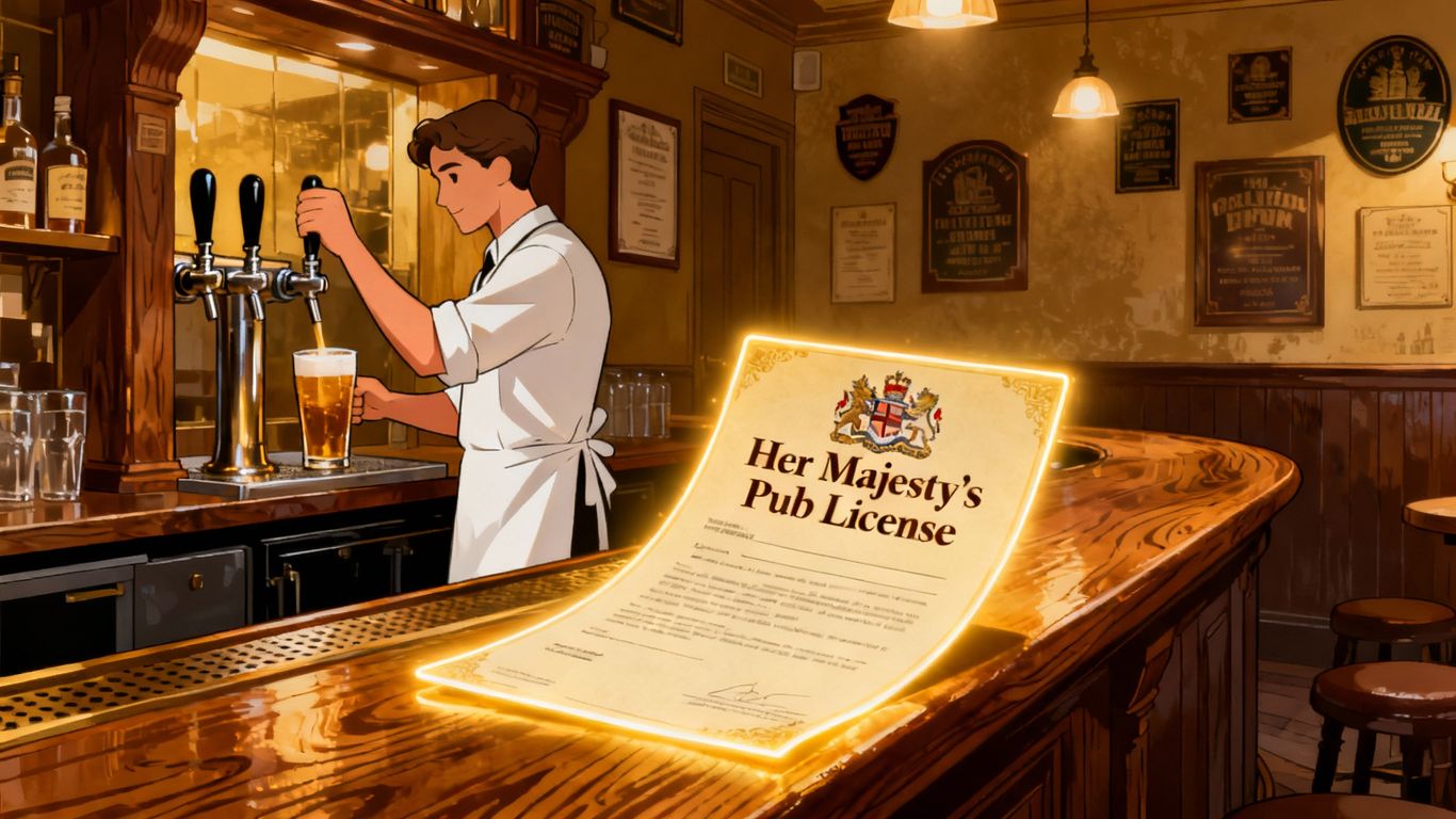 UK pub interior with alcohol licence document.